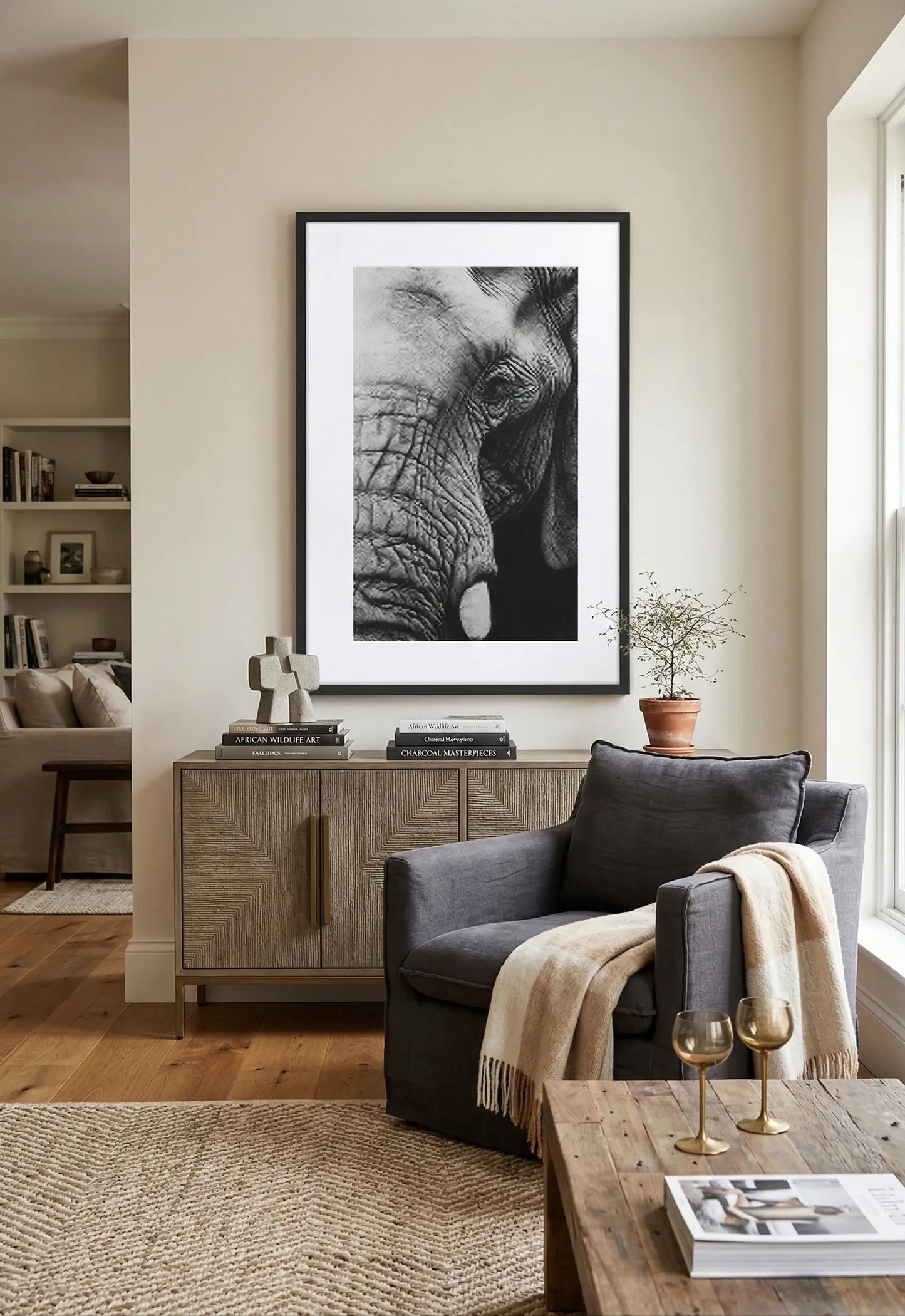 Tableau éléphant noir et blanc crayon