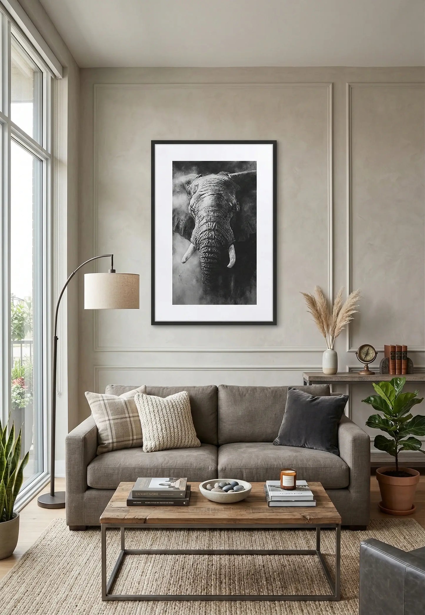 Tableau éléphant noir et blanc fusain