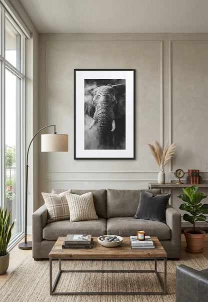 Tableau éléphant noir et blanc fusain