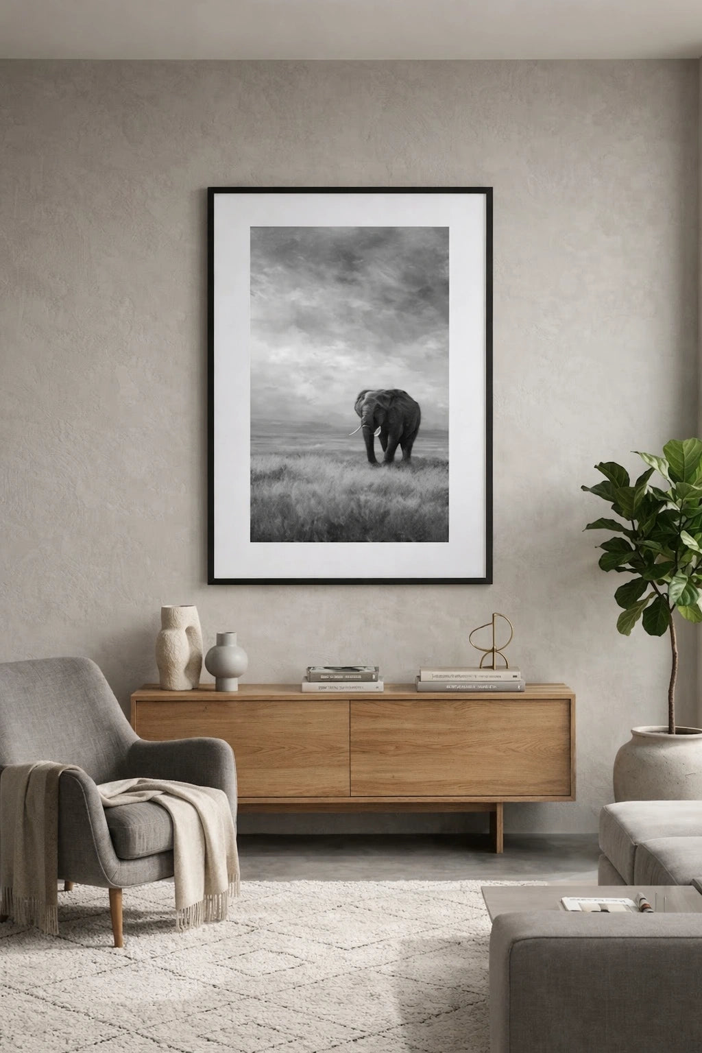 Tableau éléphant noir et blanc paysage