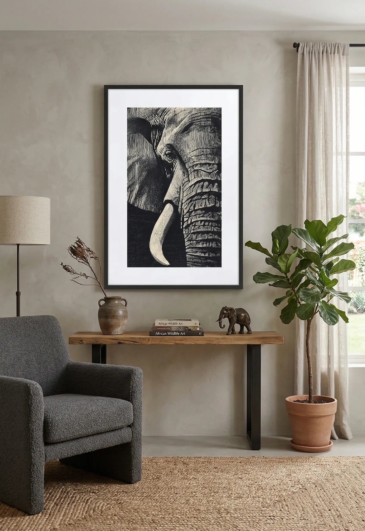 Tableau éléphant noir et blanc portrait