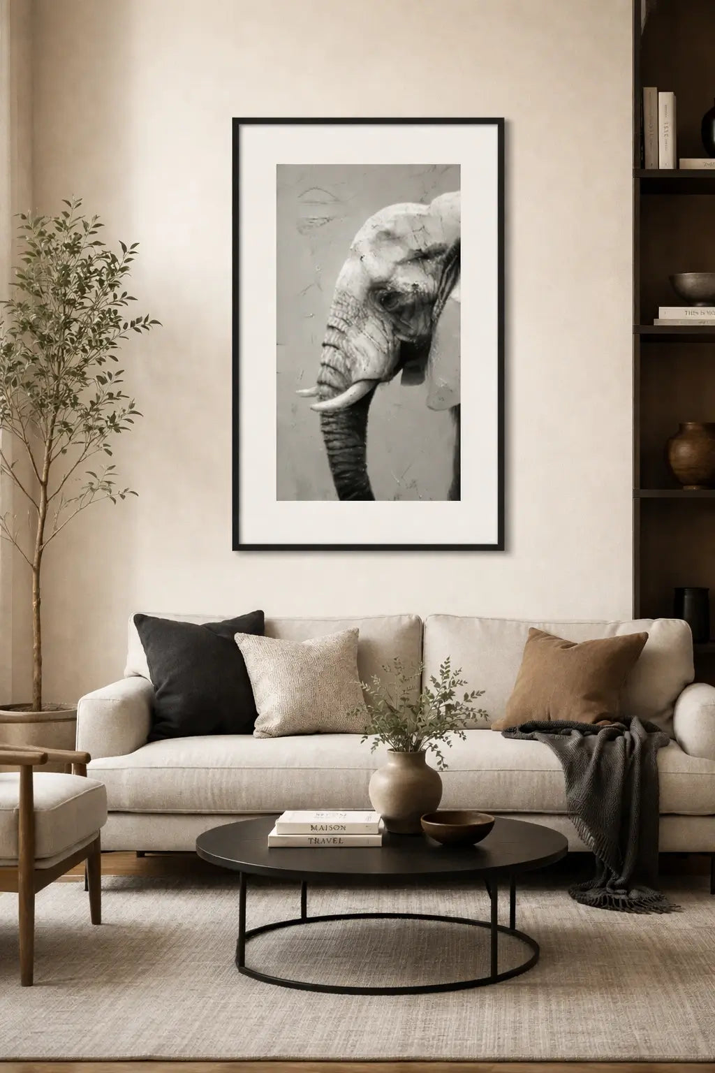 Tableau éléphant noir et blanc de porfil