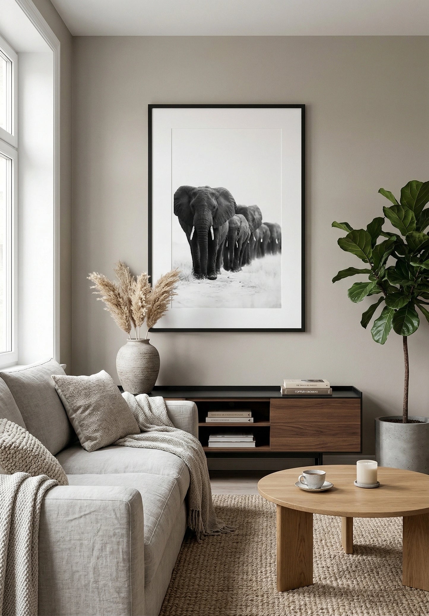Tableau éléphant troupeau noir et blanc