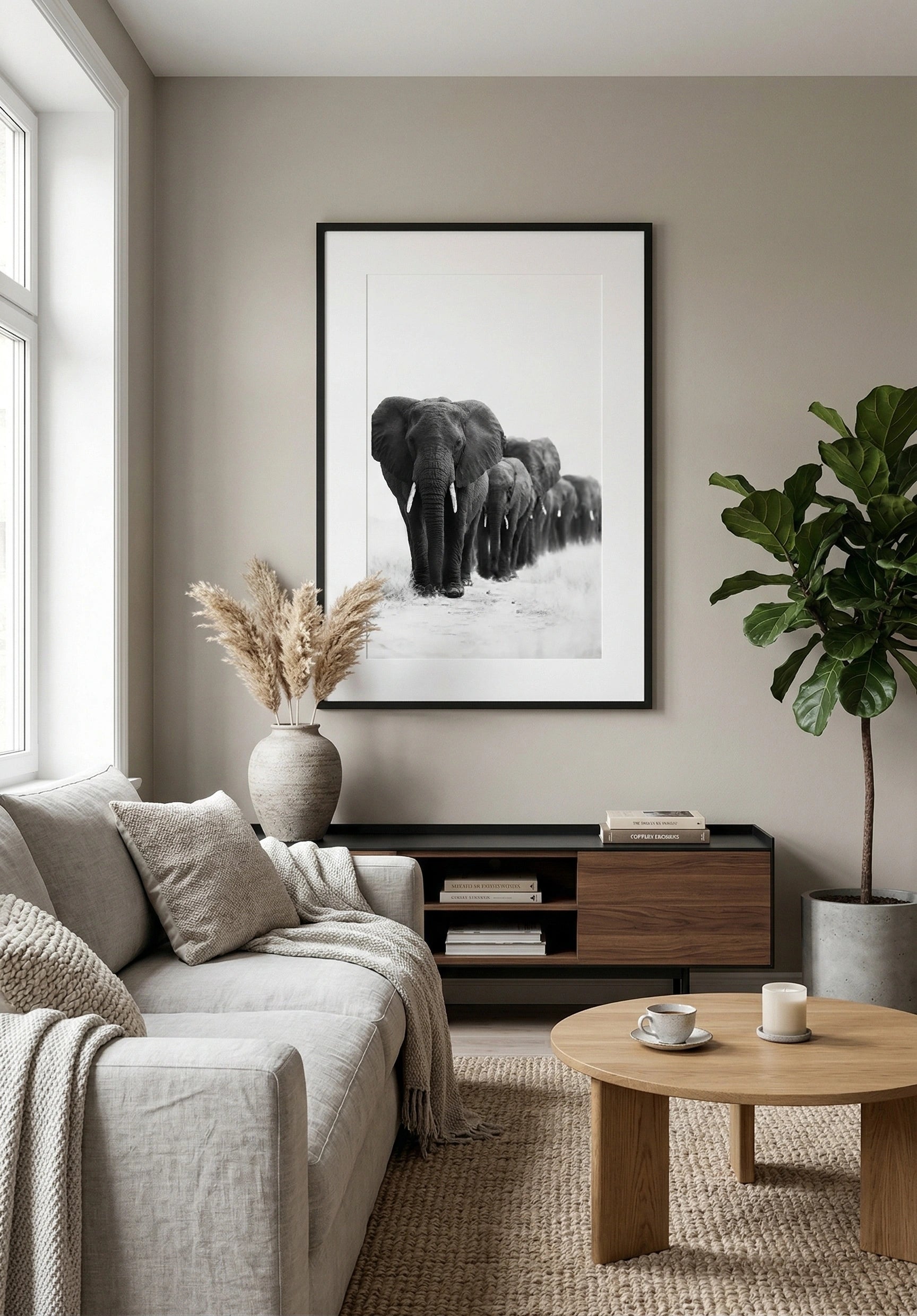 Tableau éléphant troupeau noir et blanc