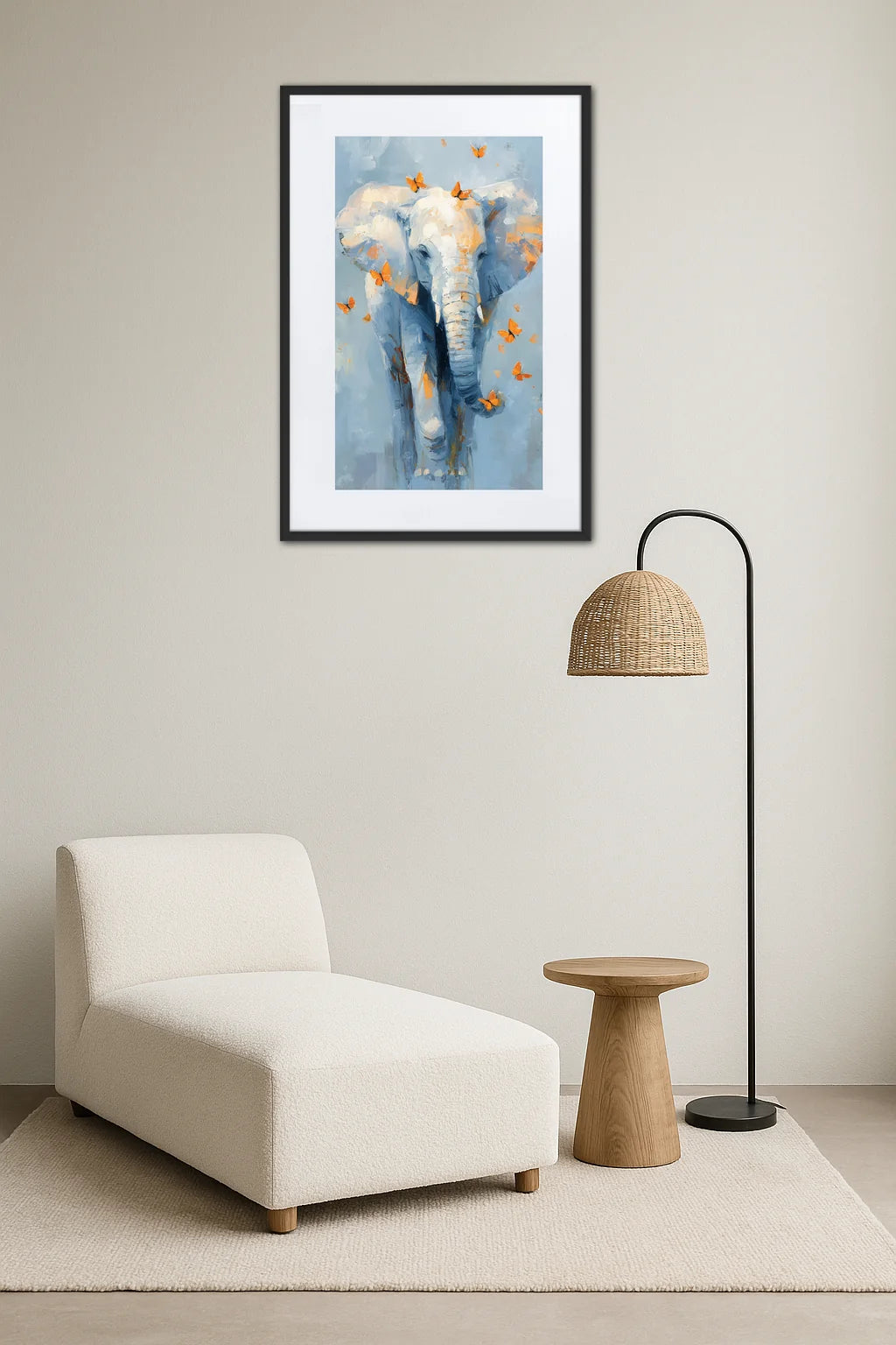 Tableau éléphant papillon au-dessus d’un fauteuil