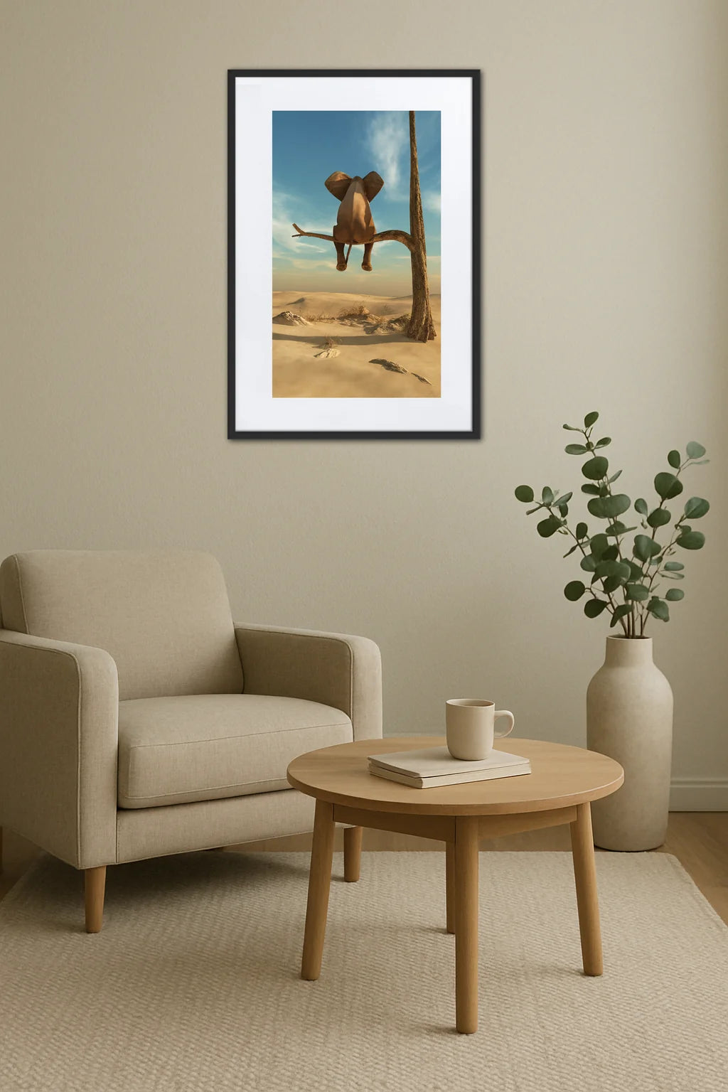 Tableau éléphant sur une branche au-dessus d’un fauteuil