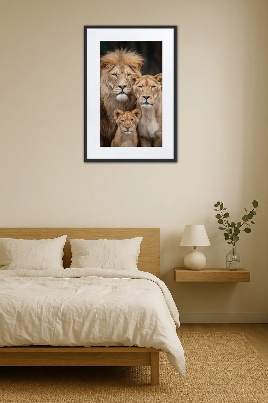 tableau famille lion dans une chambre minimaliste au-dessus d’un lit avec décoration beige