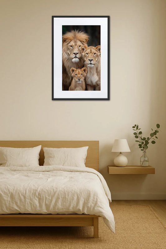 tableau famille lion dans une chambre minimaliste au-dessus d’un lit avec décoration beige