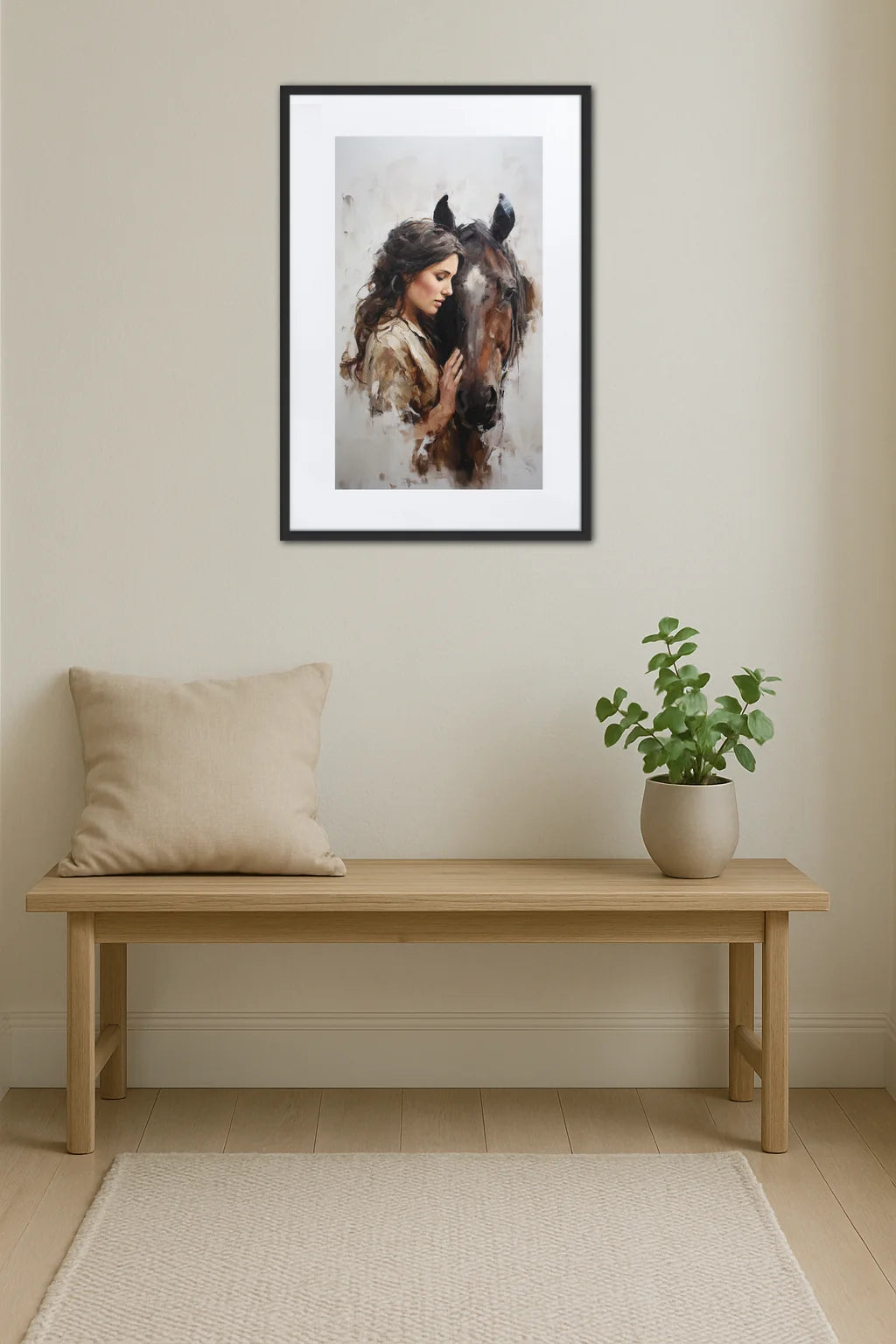 tableau femme cheval accroché au mur au-dessus d’un banc avec coussin et plante