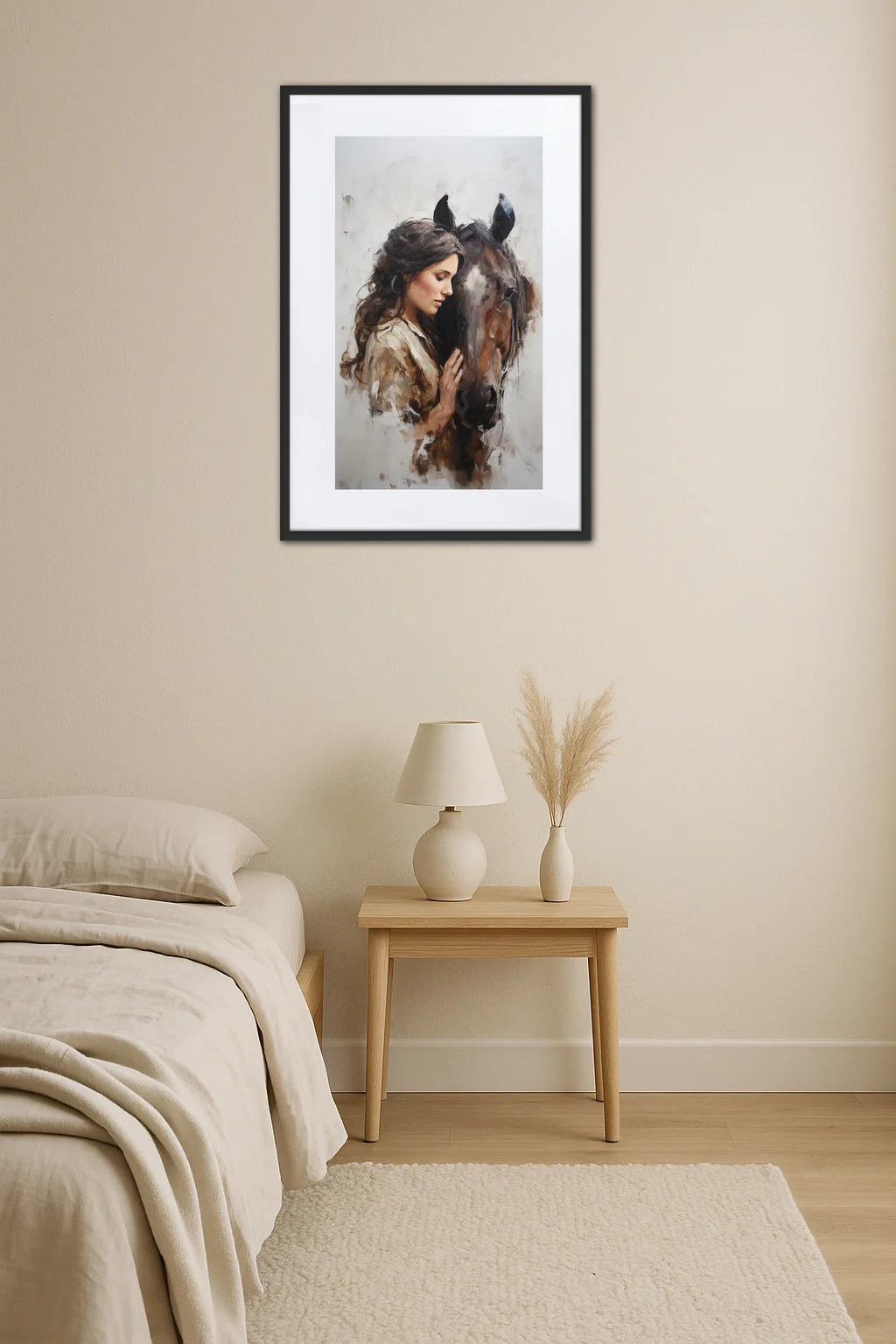 tableau femme cheval accroché au mur dans une chambre avec table de nuit