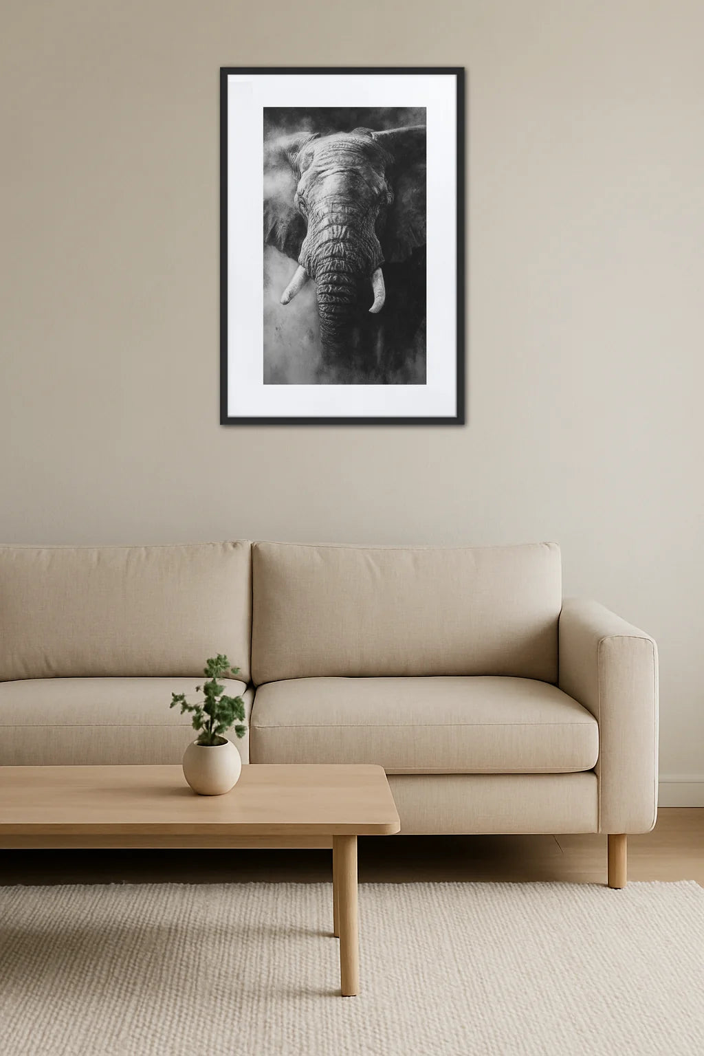 Tableau Fusain Elephant Noir et Blanc dans un salon