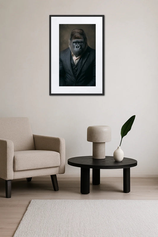 tableau gorille en costume au dessus d’une table ronde avec fauteuil