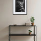 tableau gorille noir et blanc au dessus d’une console noire avec plantes