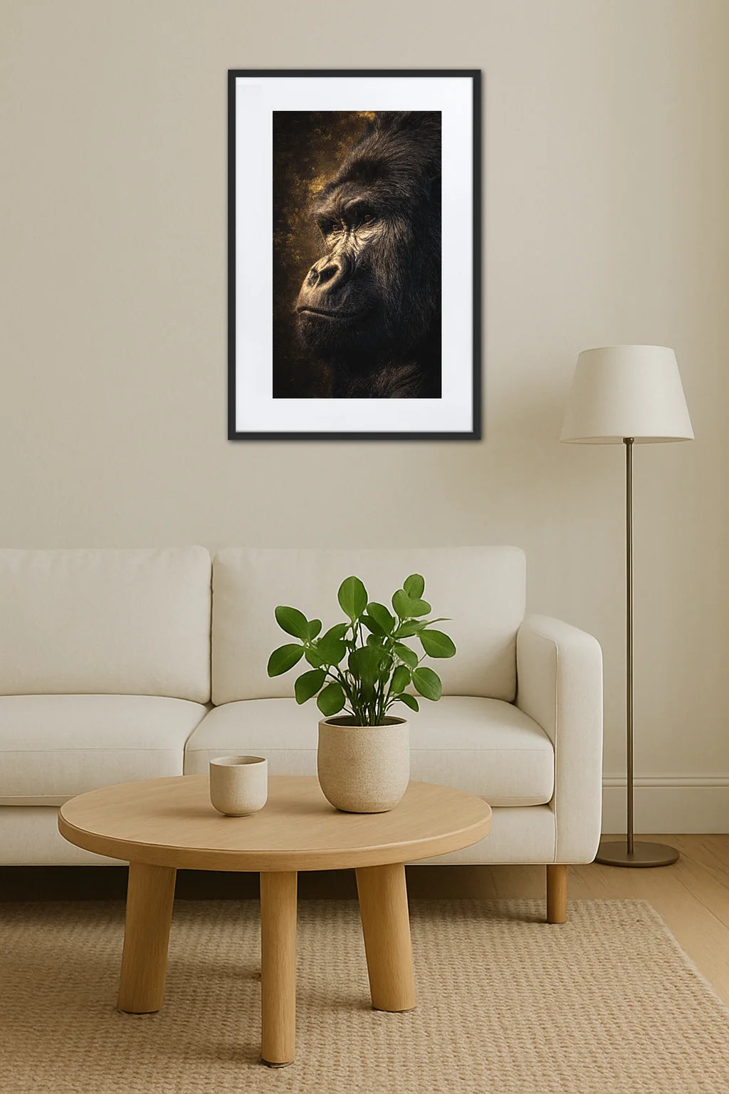 tableau gorille noir et or au dessus d’un canapé avec table basse et plante