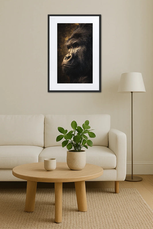 tableau gorille noir et or au dessus d’un canapé avec table basse et plante