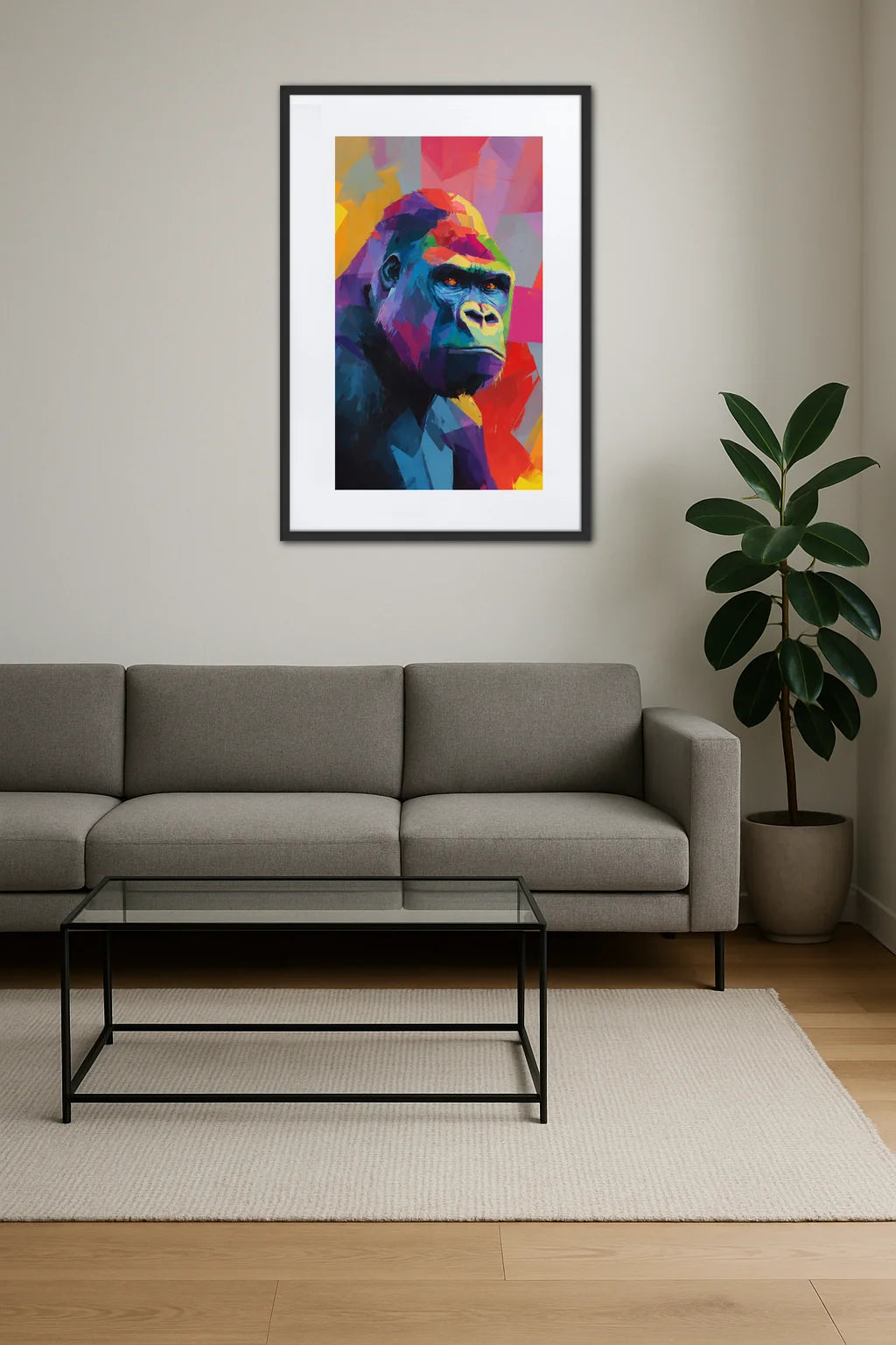 Tableau gorille pop art accroché au mur dans un salon moderne avec canapé gris