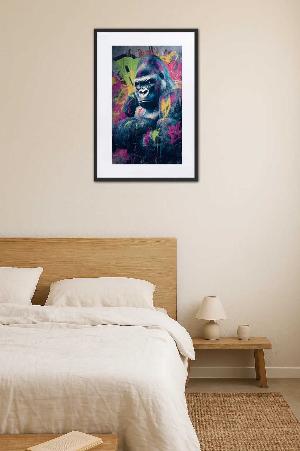 tableau gorille street art au dessus d’un lit avec tête de lit en bois
