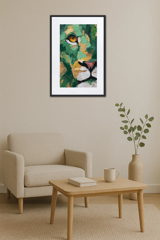 Tableau lion abstrait acrylique au-dessus d’un fauteuil avec table basse, livre, tasse et plante en pot