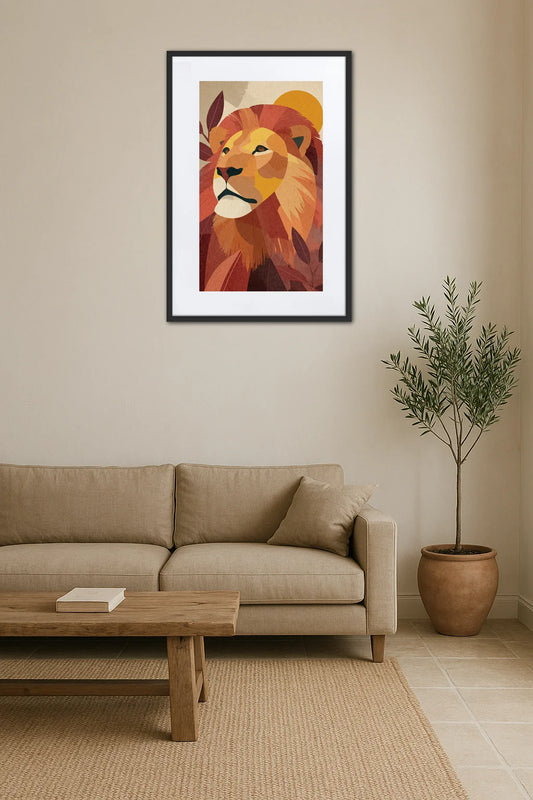 Tableau lion abstrait en aplat de couleur au-dessus d’un canapé avec table basse en bois et plante en pot