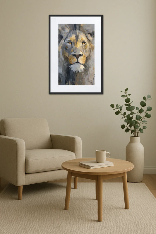 Tableau lion abstrait expressionniste au-dessus d’un fauteuil avec table ronde, livre et plante en pot