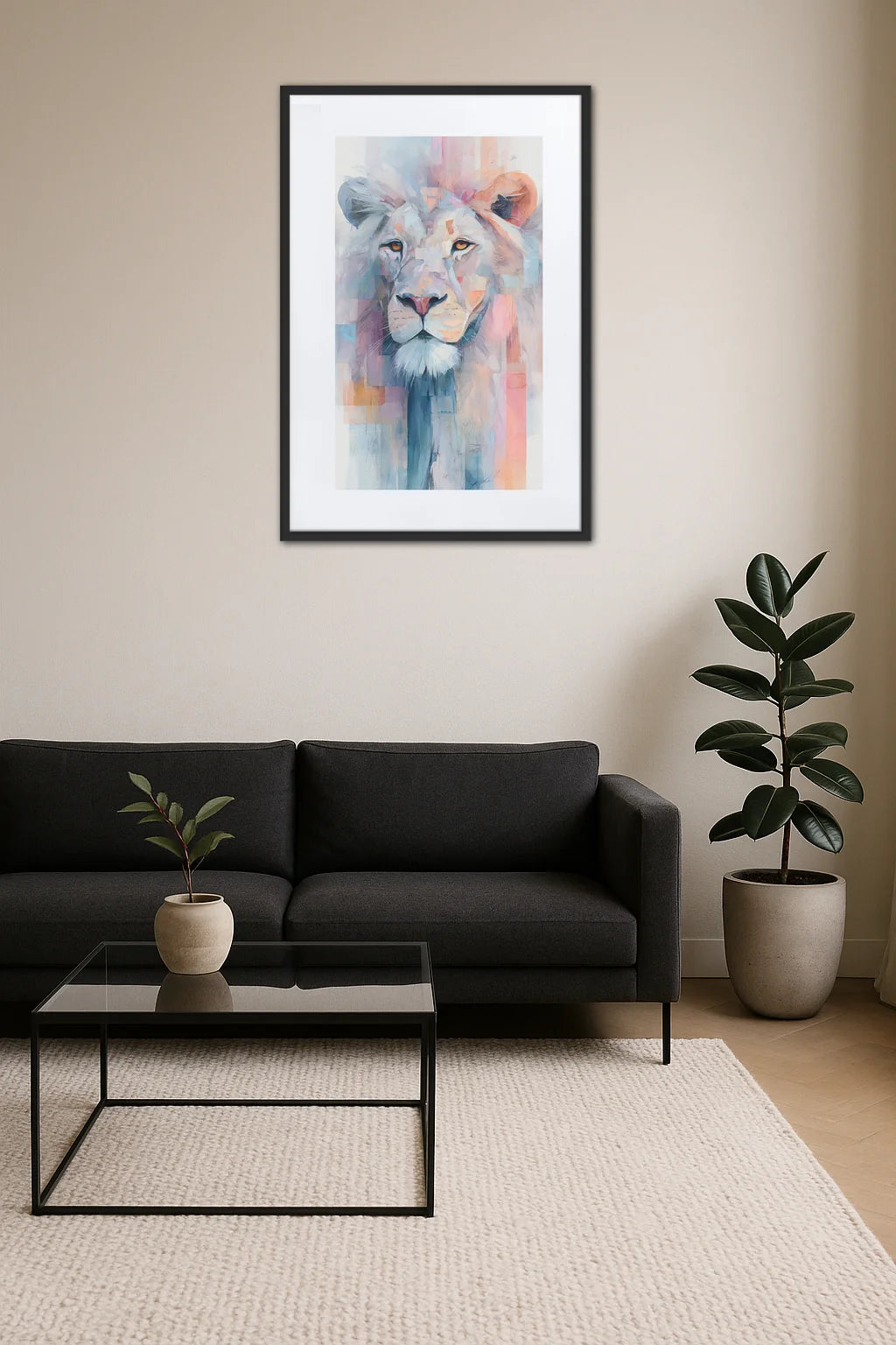 Tableau lion abstrait pastel au-dessus d’un canapé noir avec table basse en verre et plante verte