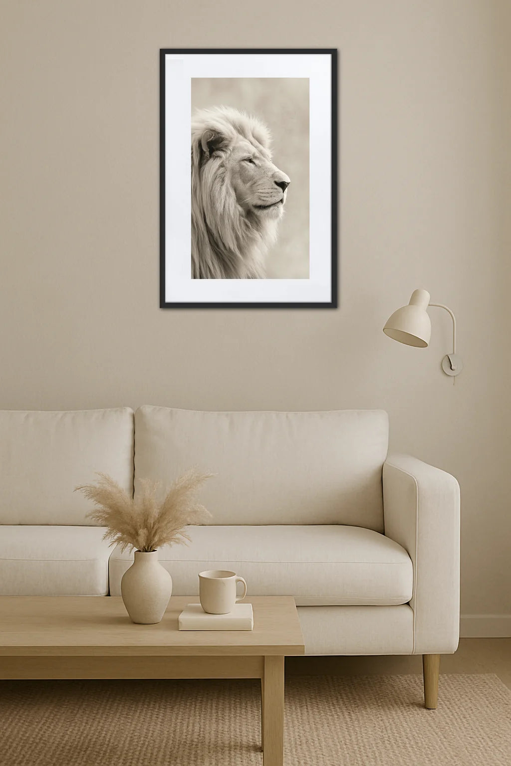 Tableau lion blanc dans un salon beige minimaliste avec décoration épurée