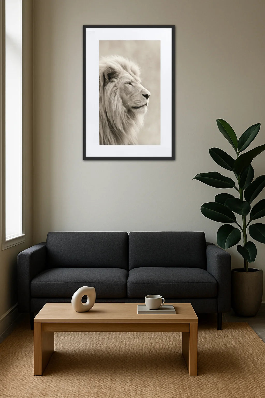 Tableau lion blanc dans un salon avec canapé gris foncé et plante décorative