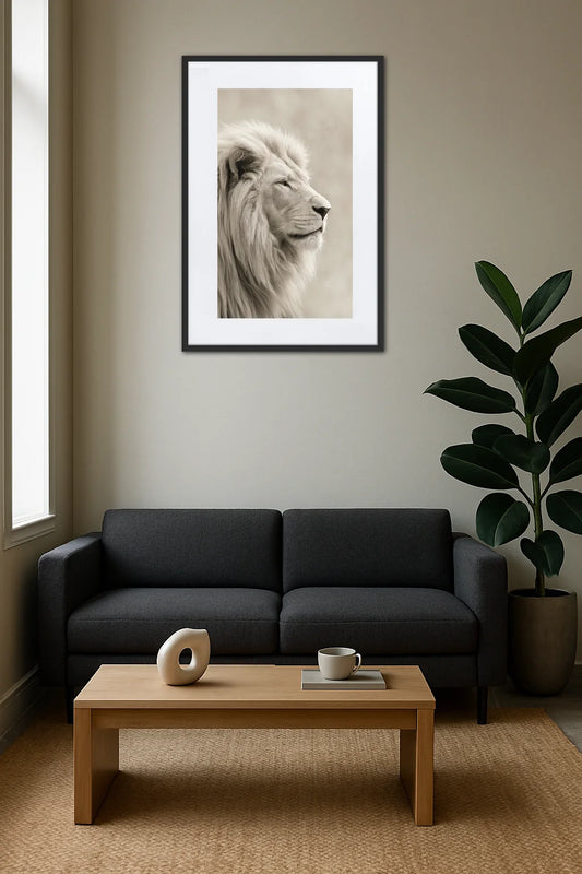 Tableau lion blanc dans un salon avec canapé gris foncé et plante décorative