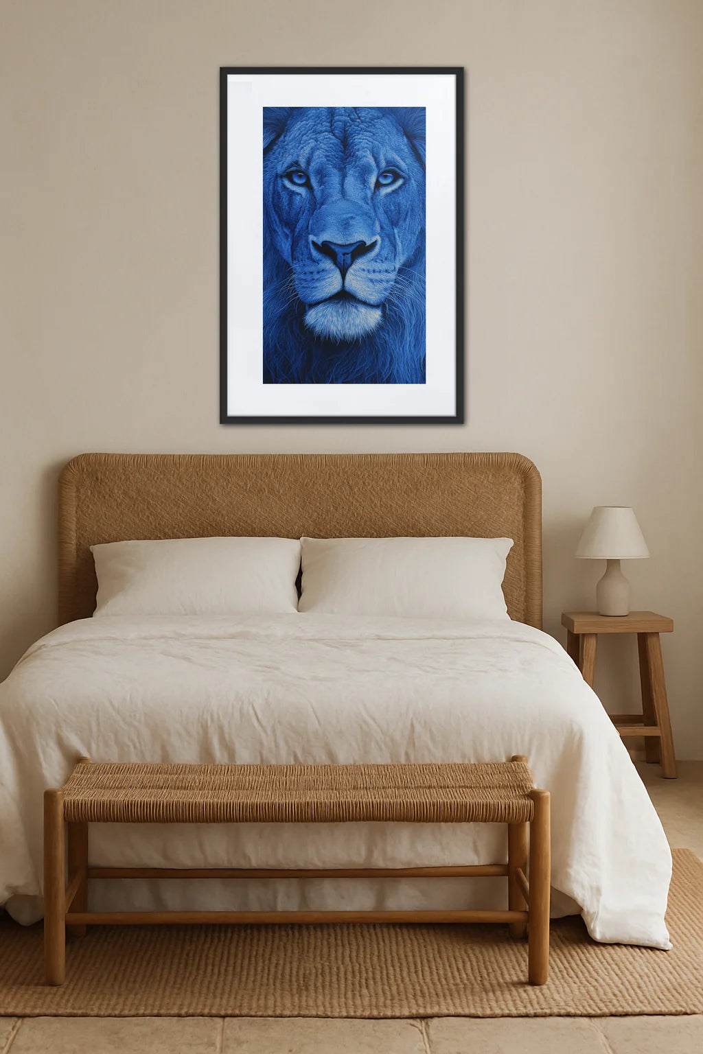 Tableau lion bleu au-dessus d’un lit dans une chambre avec mobilier en bois naturel