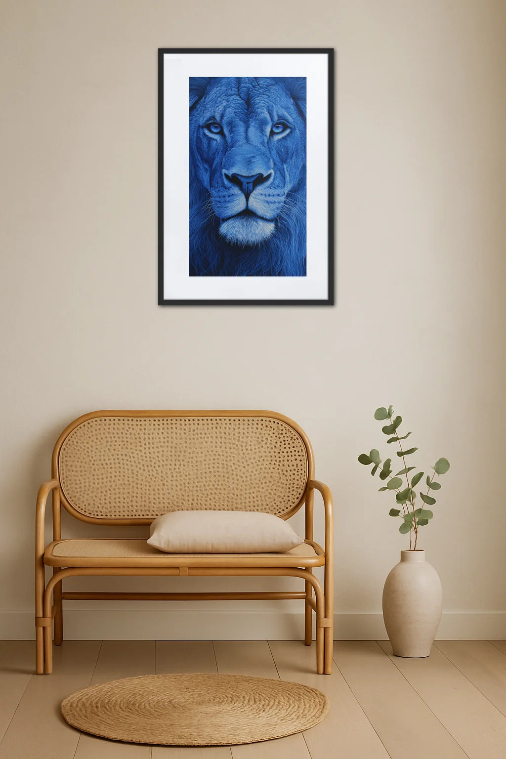 Tableau lion bleu dans un salon minimaliste avec banc en rotin et décoration épurée