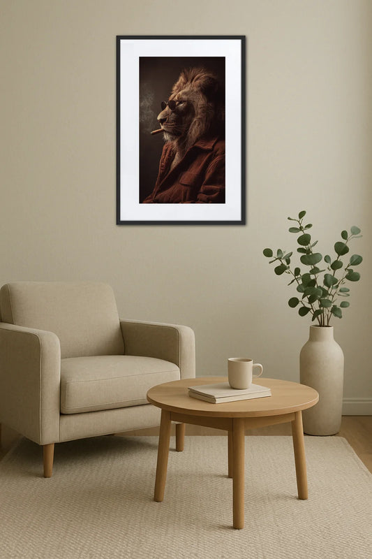 Tableau lion avec cigare dans un salon clair avec fauteuil et table ronde en bois
