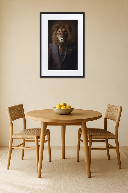 Tableau lion en costume dans une salle à manger avec table en bois clair et ambiance naturelle