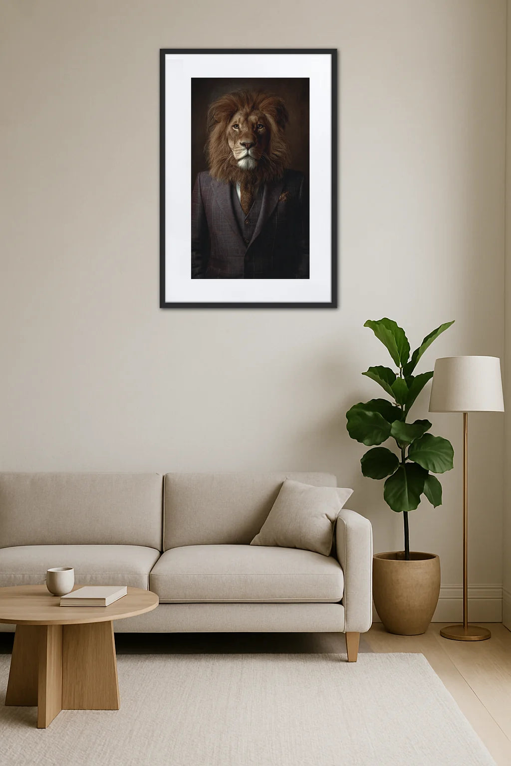 Tableau lion en costume dans un salon minimaliste avec canapé beige et décoration moderne