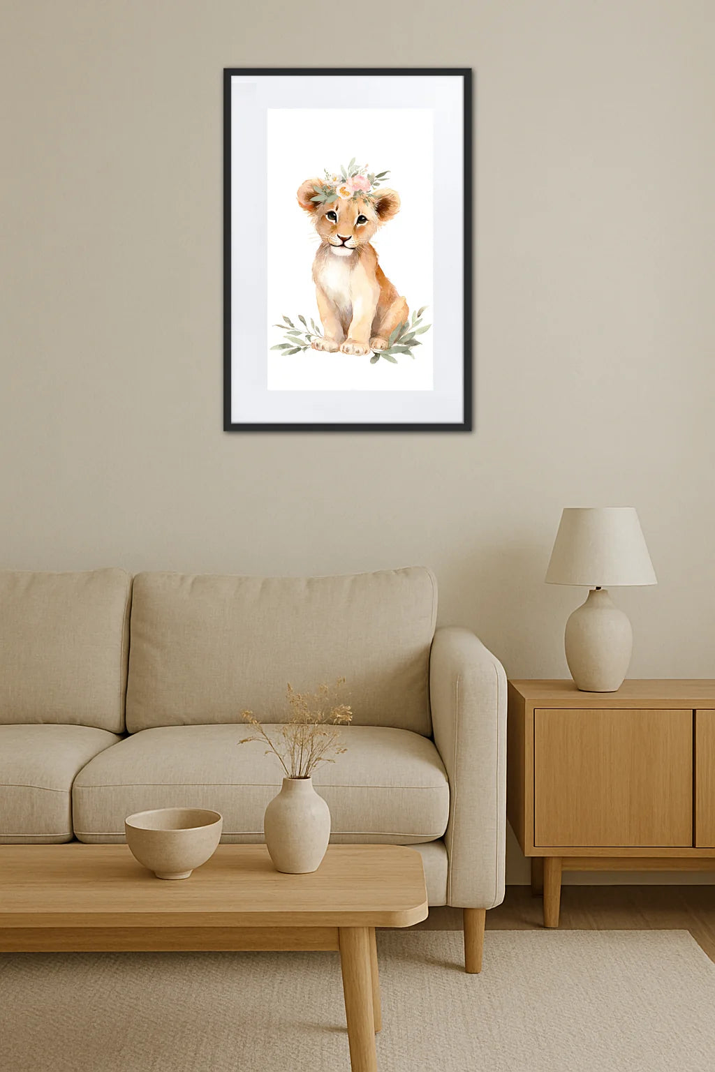Tableau lion enfant avec illustration de lionceau dans une décoration intérieure douce et chaleureuse