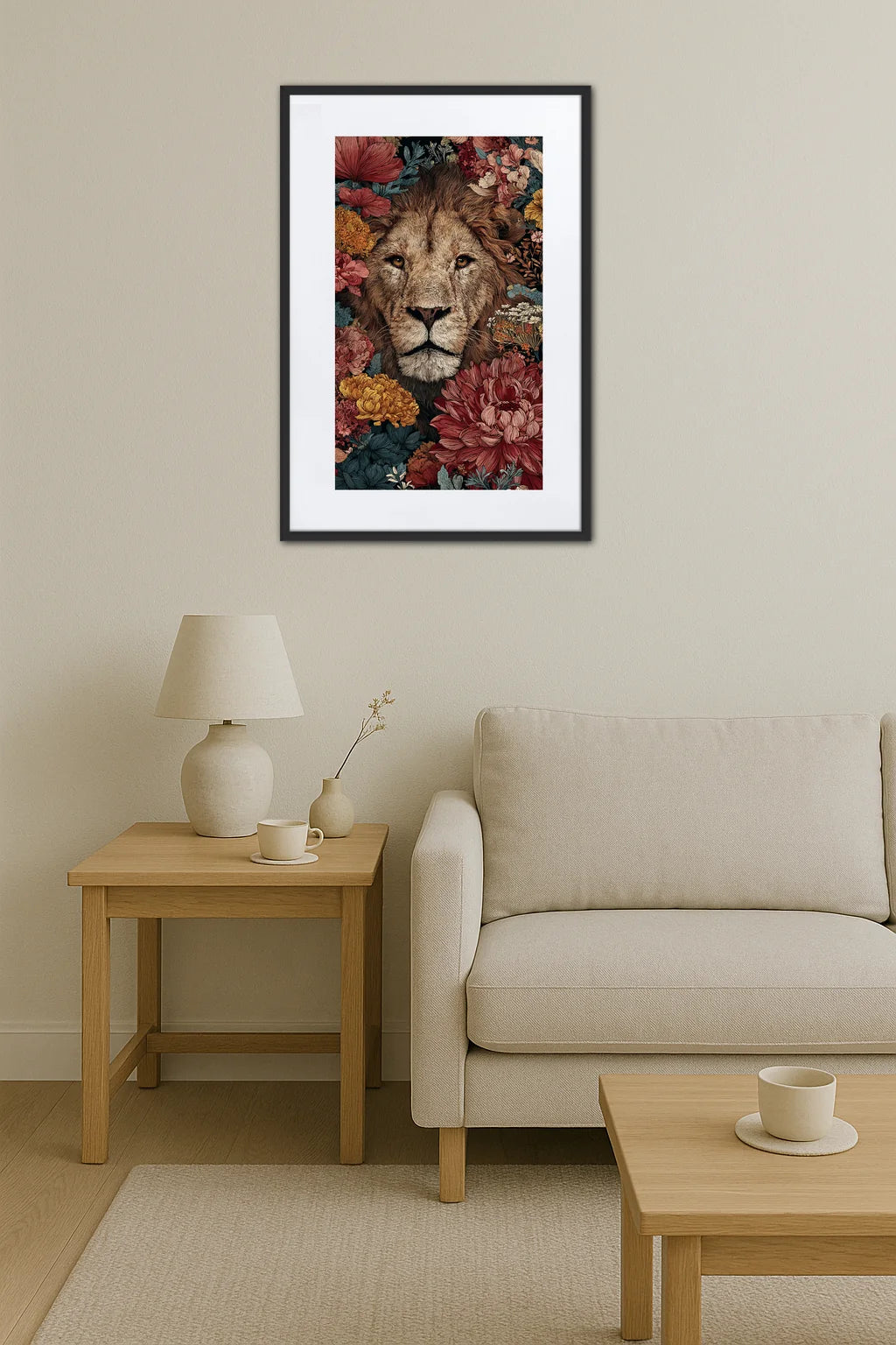 Tableau lion entouré de fleurs dans un salon minimaliste avec meuble en bois et lampe