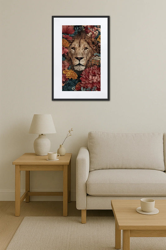 Tableau lion entouré de fleurs dans un salon minimaliste avec meuble en bois et lampe