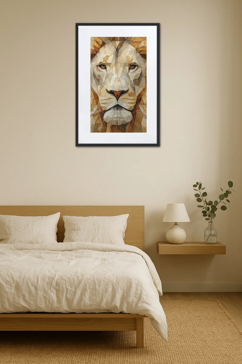 Tableau lion géométrique origami dans une chambre minimaliste avec mobilier en bois clair
