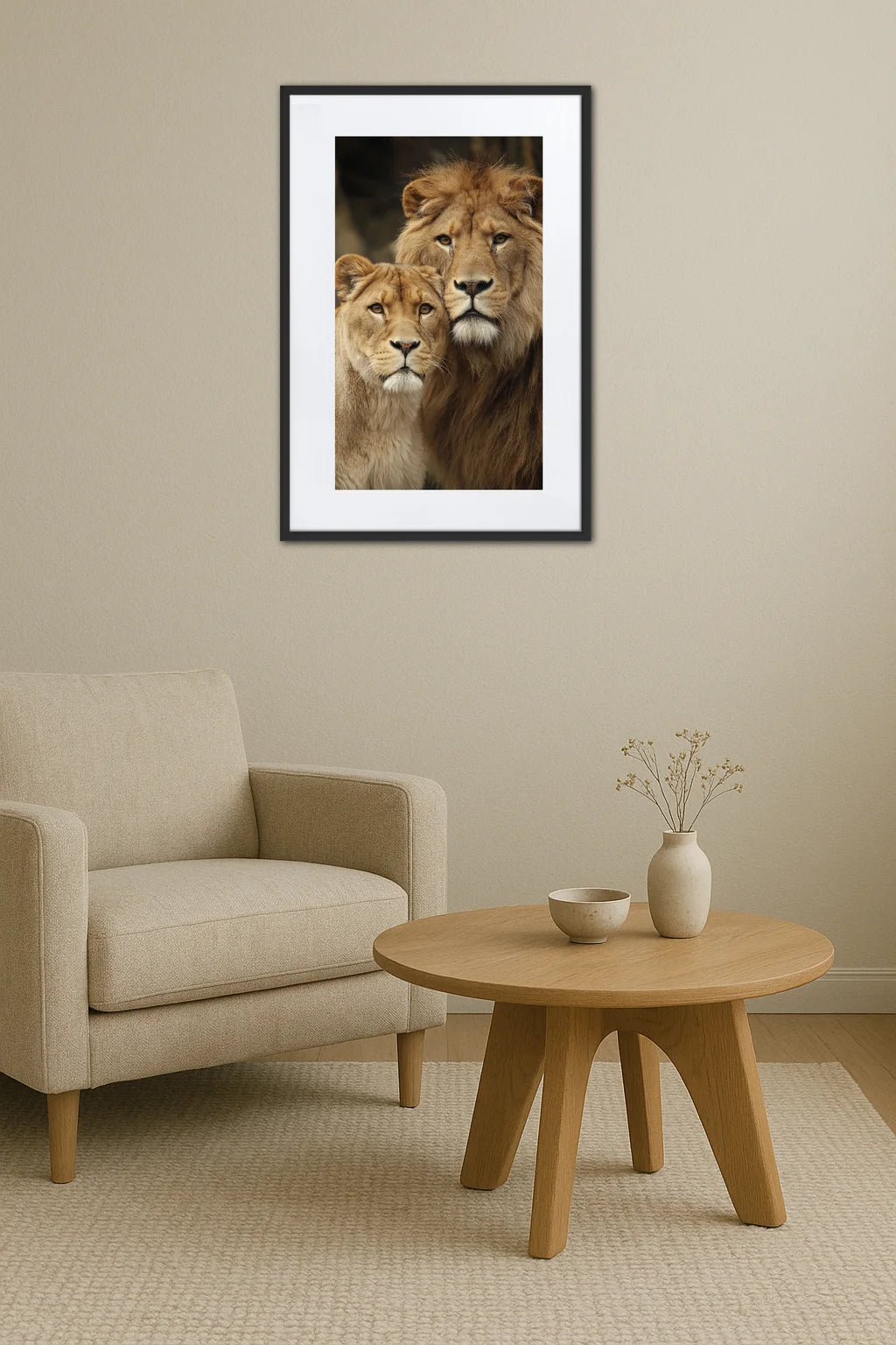 tableau lion et lionne au mur dans un intérieur minimaliste avec fauteuil et table basse en bois