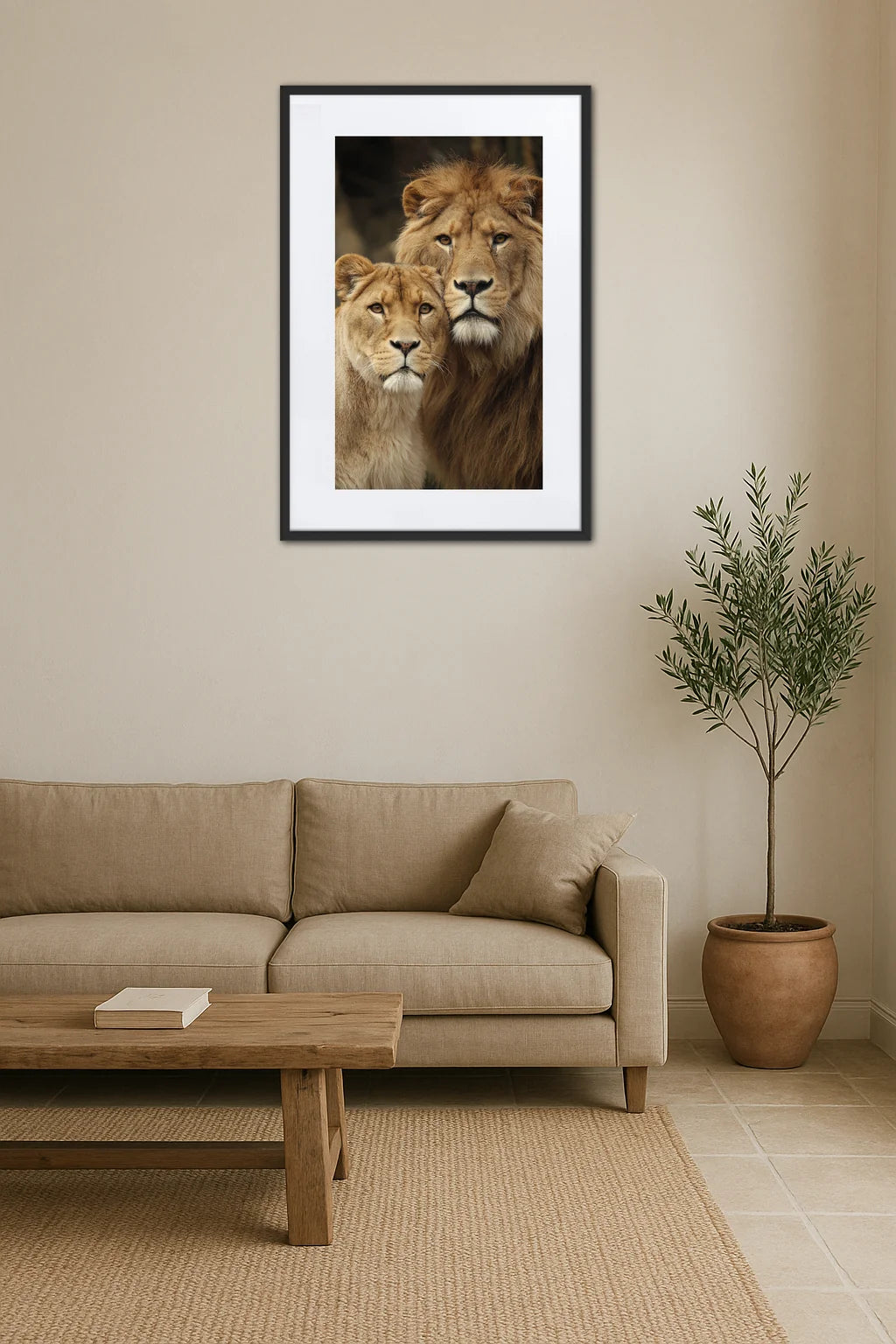 tableau lion et lionne accroché au mur dans un salon avec canapé beige et plante décorative