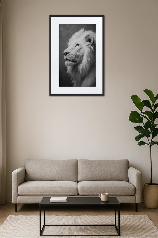 Tableau lion noir et blanc à fort contraste au-dessus d’un canapé dans un salon minimaliste