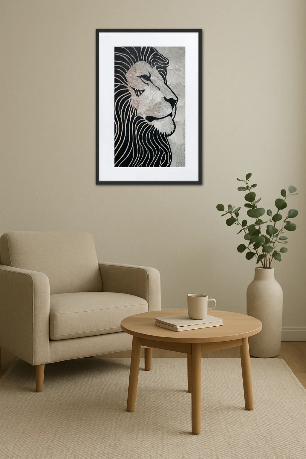 Tableau lion noir et blanc estampe au-dessus d’un fauteuil