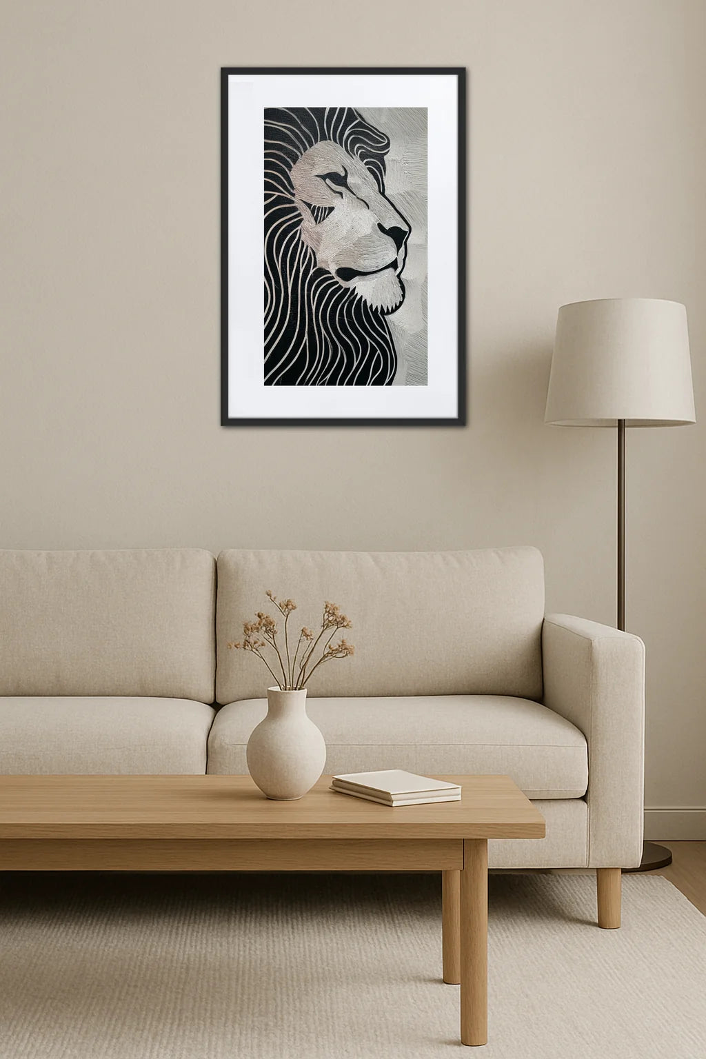 Tableau lion noir et blanc estampe dans un salon