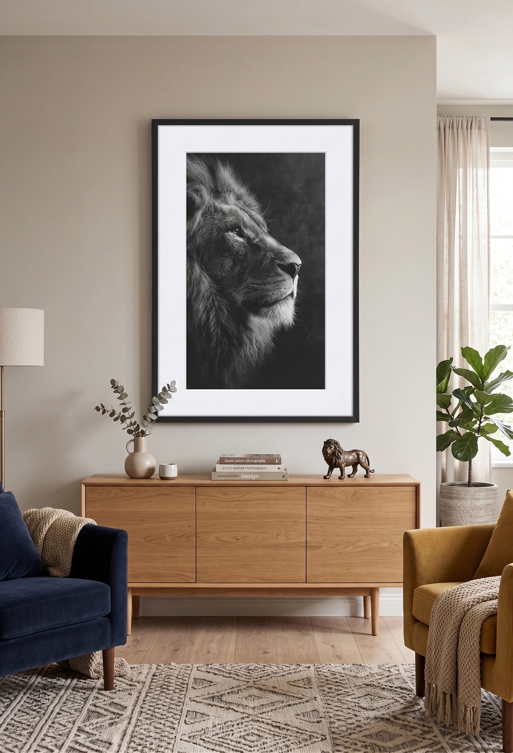 Tableau Lion Noir et Blanc Fusain