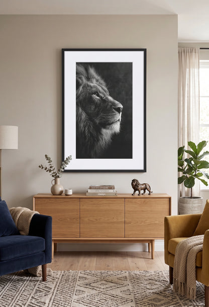 Tableau Lion Noir et Blanc Fusain