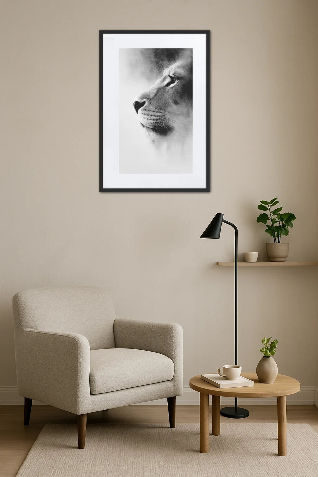 Tableau lion noir et blanc lavis au-dessus d’un fauteuil dans un salon épuré