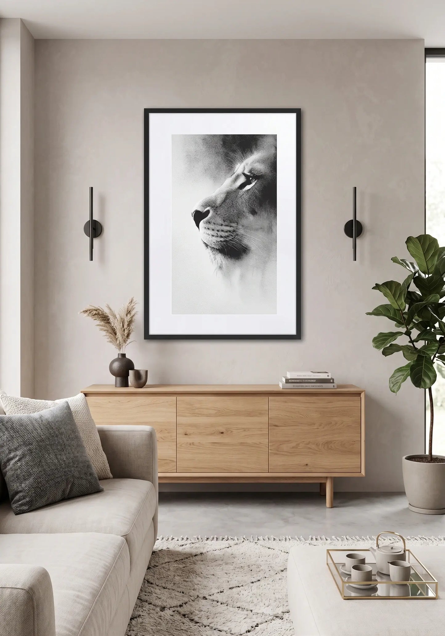 Tableau Lion Noir et Blanc Lavis