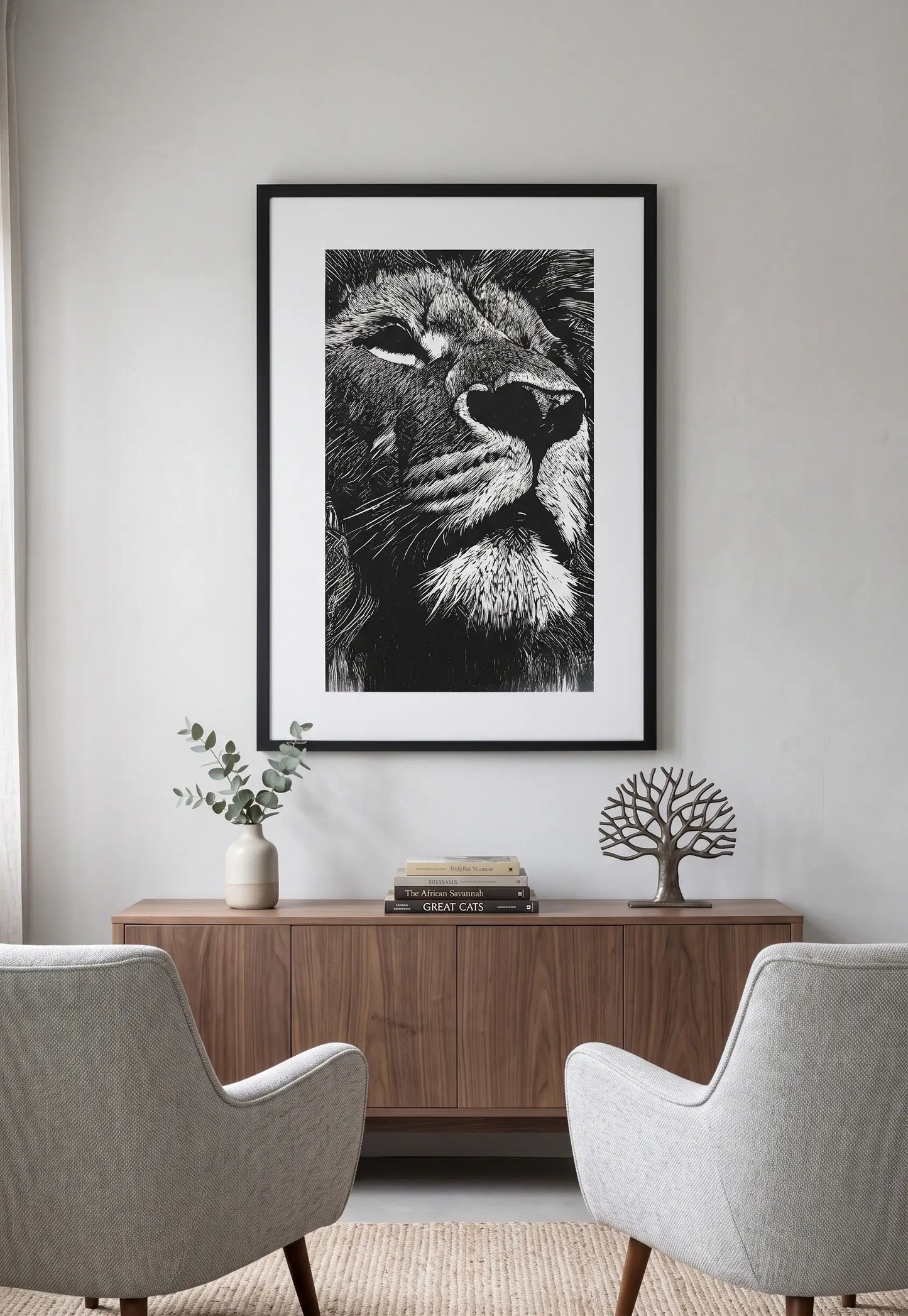 Tableau Lion Noir et Blanc Linogravure