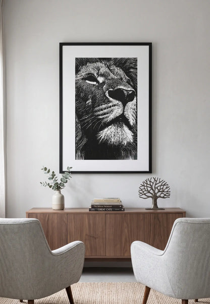 Tableau Lion Noir et Blanc Linogravure
