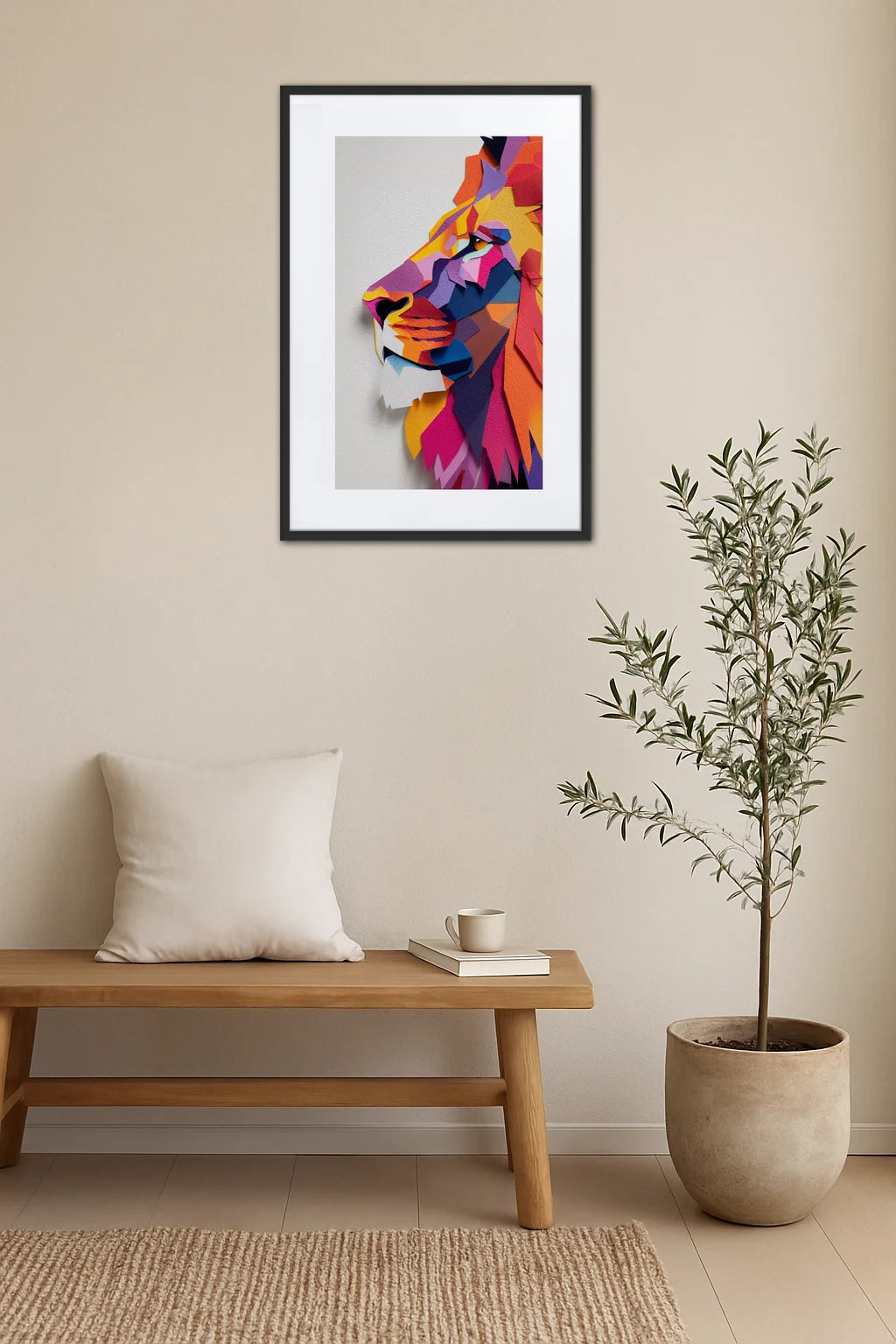 Tableau lion style collage coloré au-dessus d’un banc en bois avec coussin, tasse sur livres et plante en pot