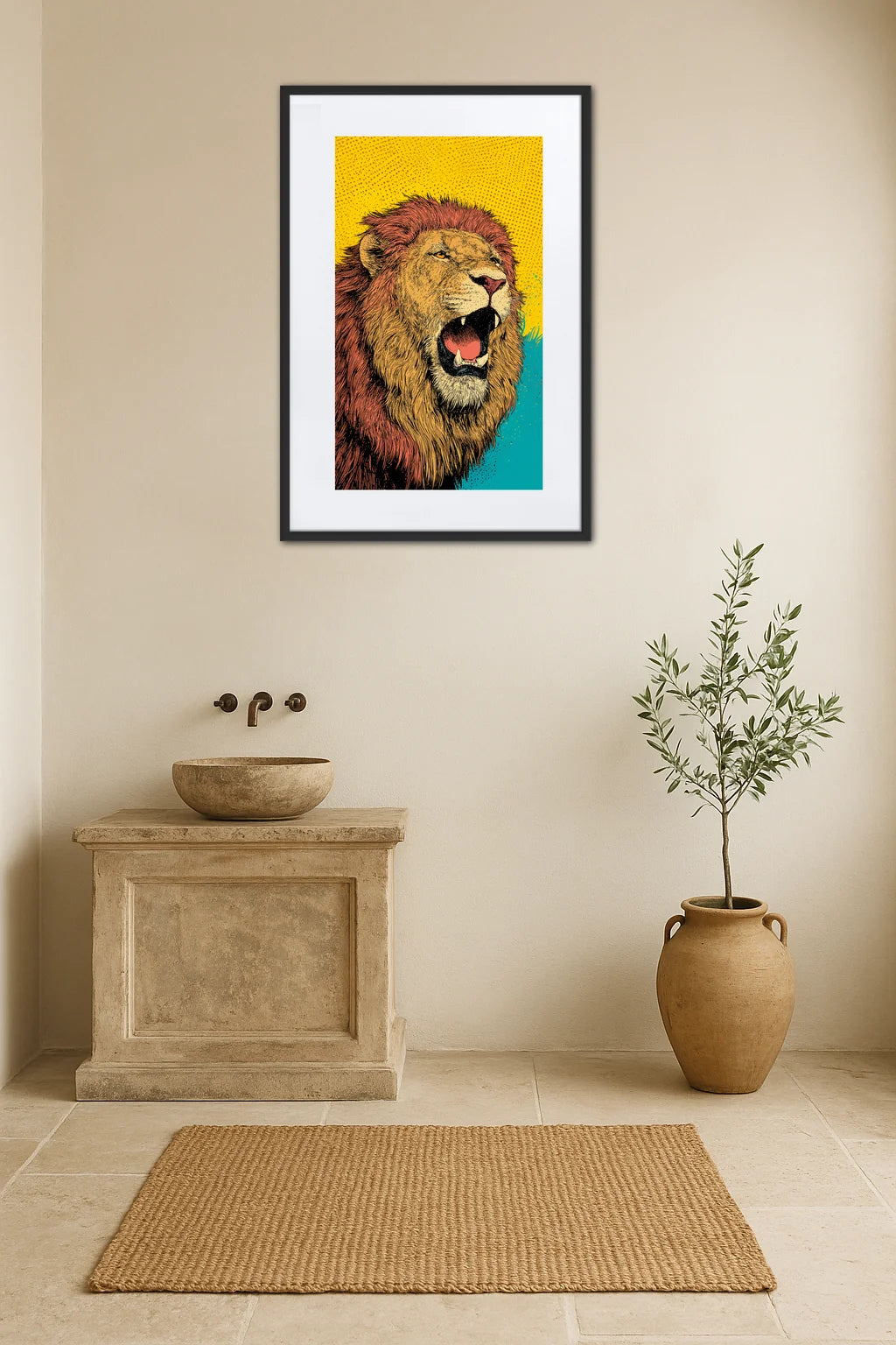 Tableau lion pop art comics coloré au-dessus d’un meuble avec vasque en pierre et plante en pot